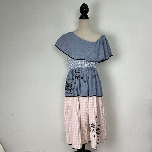 Hemant & Nandita Melantha Blue Pink Check Print One Shoulder Ruffle Dress Size M - Picture 2 of 11